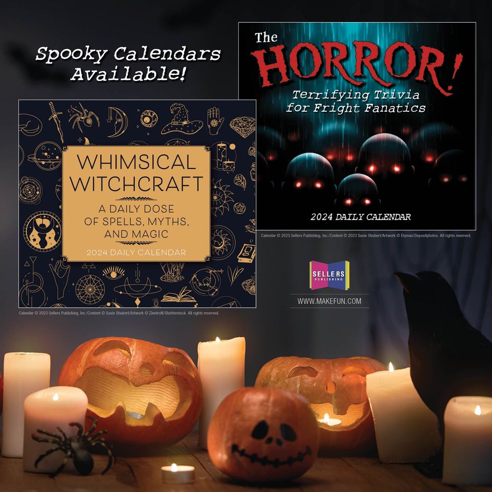 Looking for a scare? Fright this way. 👻 These two spooky calendars are available now! #sellerspublishing #sellerspublishingcalendars #SusieShubert @susie_shubert #TheHorror #WhimsicalWitchCraft #witchaesthetic #witchcraft #2024calendar #horrorcalendar #october #halloween #gifts