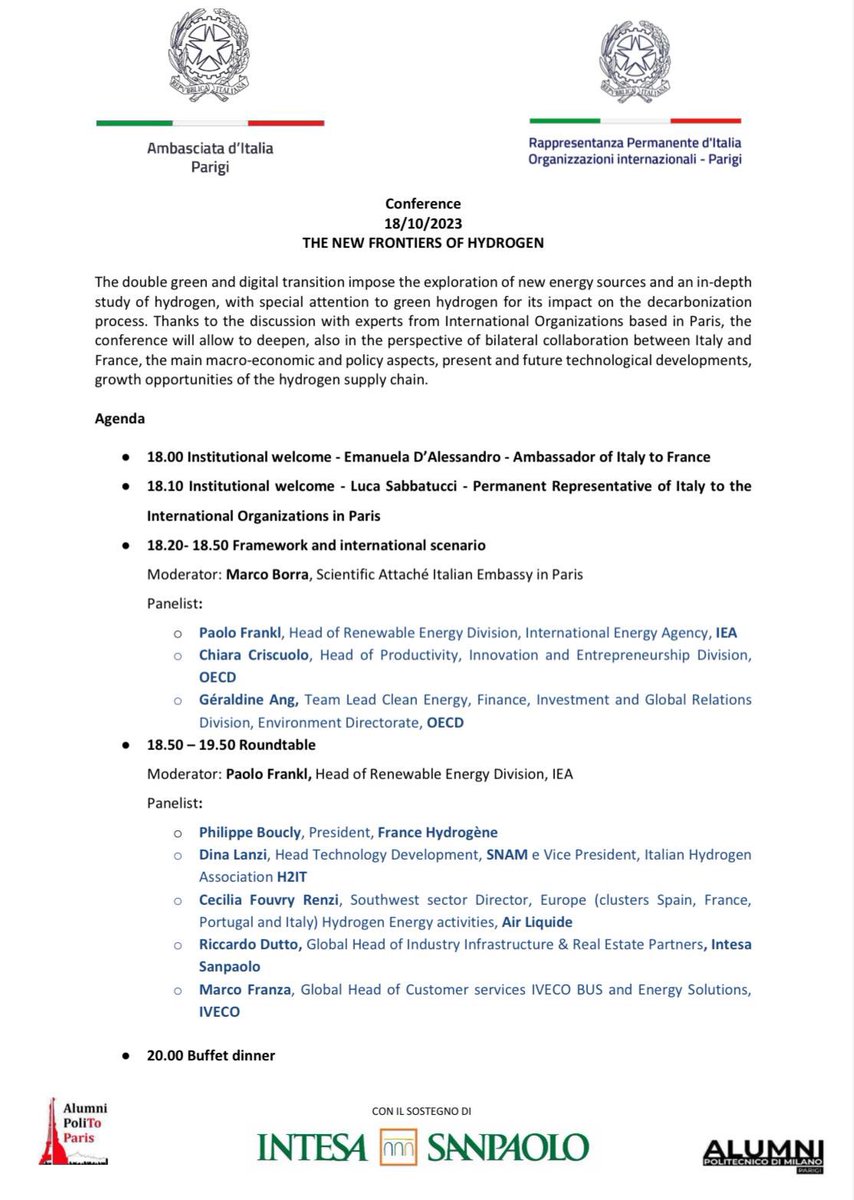 ItalyinFrance's tweet image. Il ruolo dell’idrogeno nella transizione ecologica al centro della Conferenza «The New Frontiers of Hydrogen» organizzata congiuntamente da @ItalyinFrance e dalla Rappresentanza presso le Organizzazioni Internazionali di Parigi @ItalyatOECD_ESA 
 🇮🇹  🇫🇷