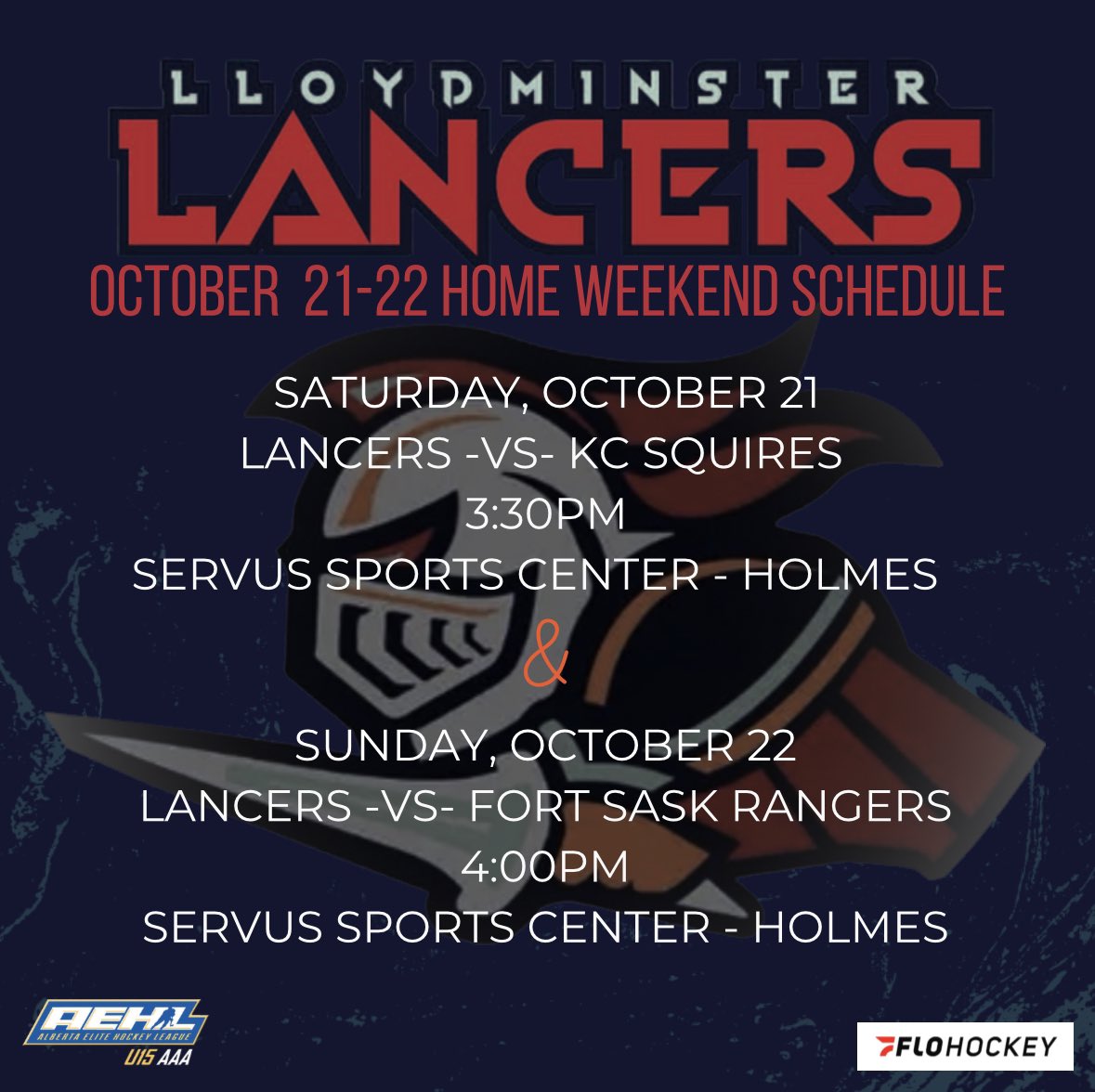 After a split last weekend, we’re looking forward to a couple tilts at home this weekend!

➡️ Saturday -vs- KC Squires @ 3:30pm
➡️ Sunday -vs- Fort Sask Rangers @ 4:00pm

⬆️ Both games at the Servus Sports Center.