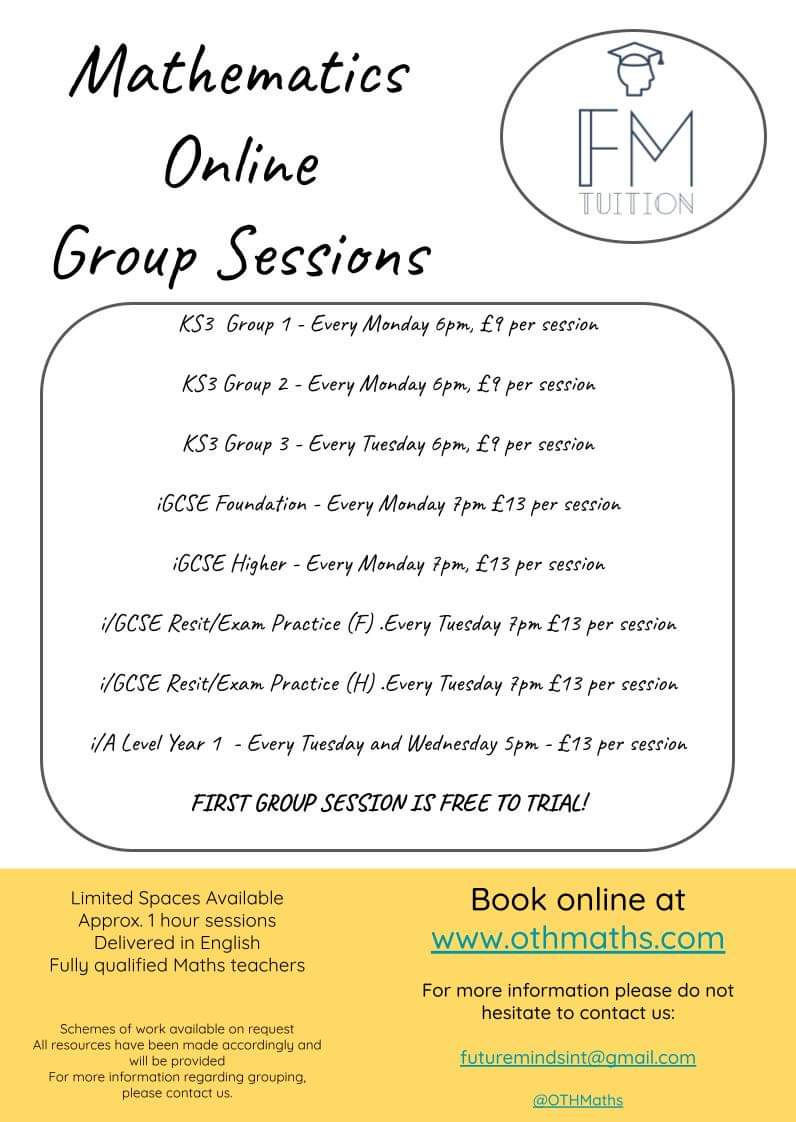 Maths Tuition - FREE FIRST CLASS
othmaths.com
Online group classes 
Small and interactive groups
Resources designed to be engaging
So far all students have enjoyed!
Would love for a few more faces to join! 
From £9
Fully qualified teachers
#education #mathstutor #maths