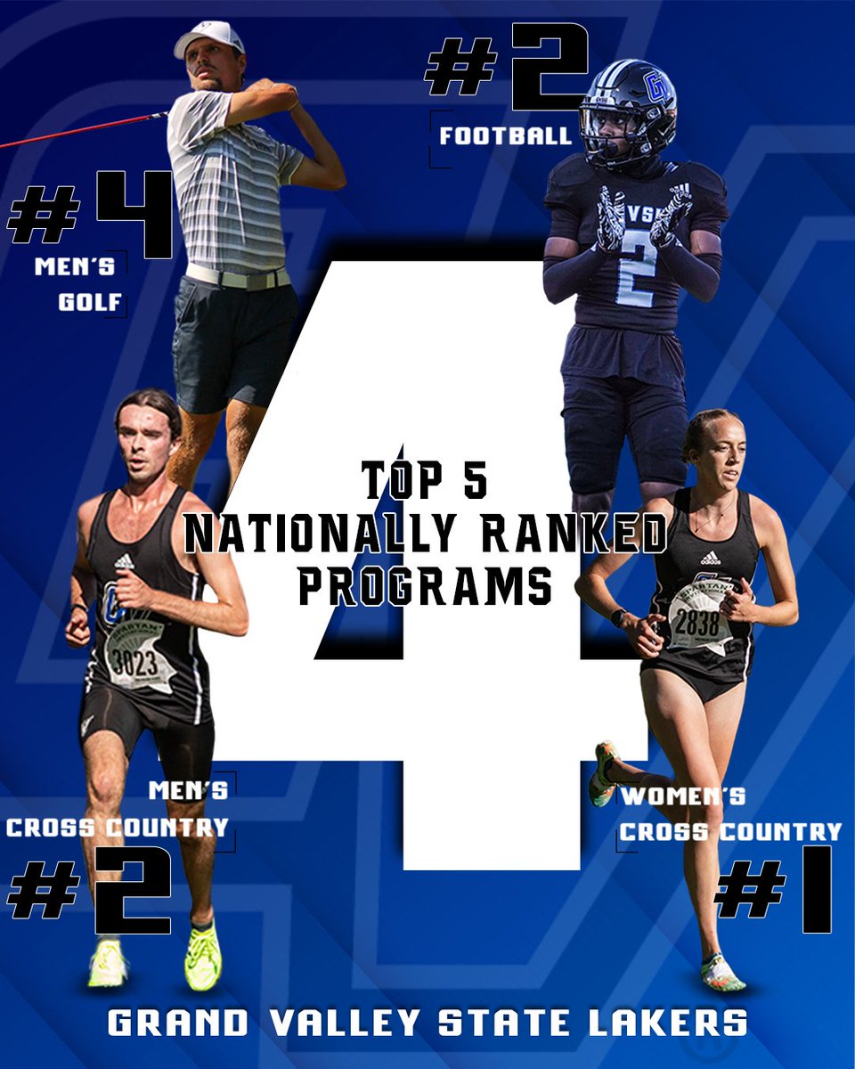 Rising to the top! 📈

GVSU is the only athletics program in Division II to have 4️⃣ teams ranked in the top 🖐️ in their respective polls! 👀👀

#AnchorUp