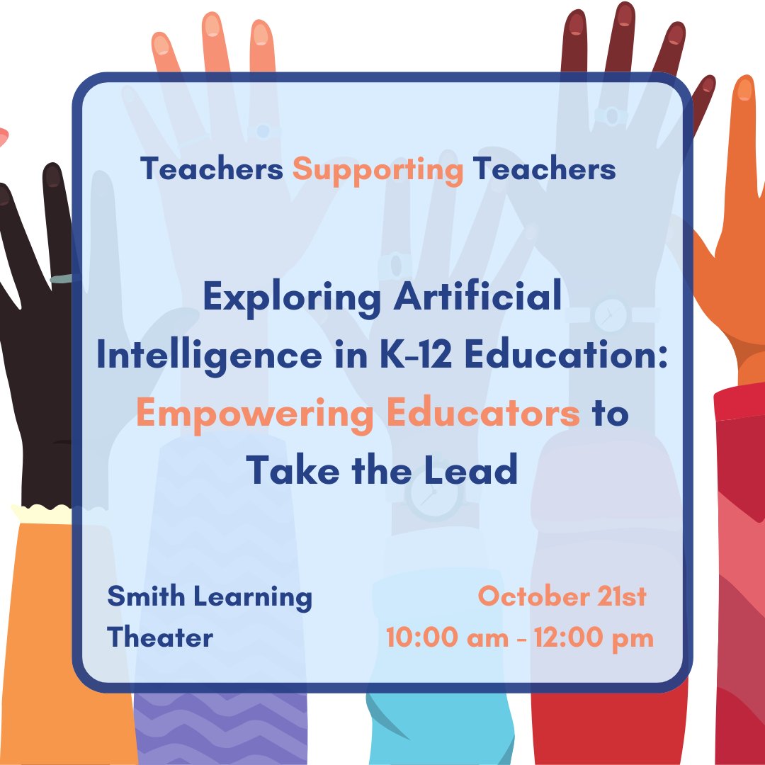 Join us this Saturday for our first Teachers Supporting Teachers event! Learn how to navigate the world of Artificial Intelligence (AI) and implement it in practical ways in your classroom!

Register here: eventbrite.com/e/exploring-ai…

#TeachersCollege #TST #DigitalFutures