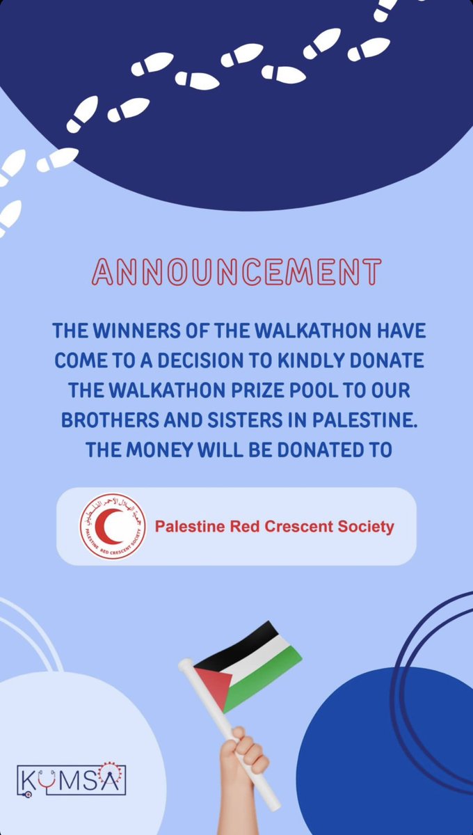 نود ان نشكر الفائزين في مسابقة الWalkathon بتبرع مبالغ جوائزهم إلى فلسطين 🇵🇸 فاللهم الطف بهم و ارفع الكرب عنهم، اللهم أمّن خوفهم وأبدله طمأنينة وكن لهم عونًا ومؤيدًا ونصيرًا، اللهم اجبر كسرهم وارحم شهيدهم وشاف جريحهم واجعل لهم فرجًا ومخرجًا برحمتك يا أرحم الراحمين.