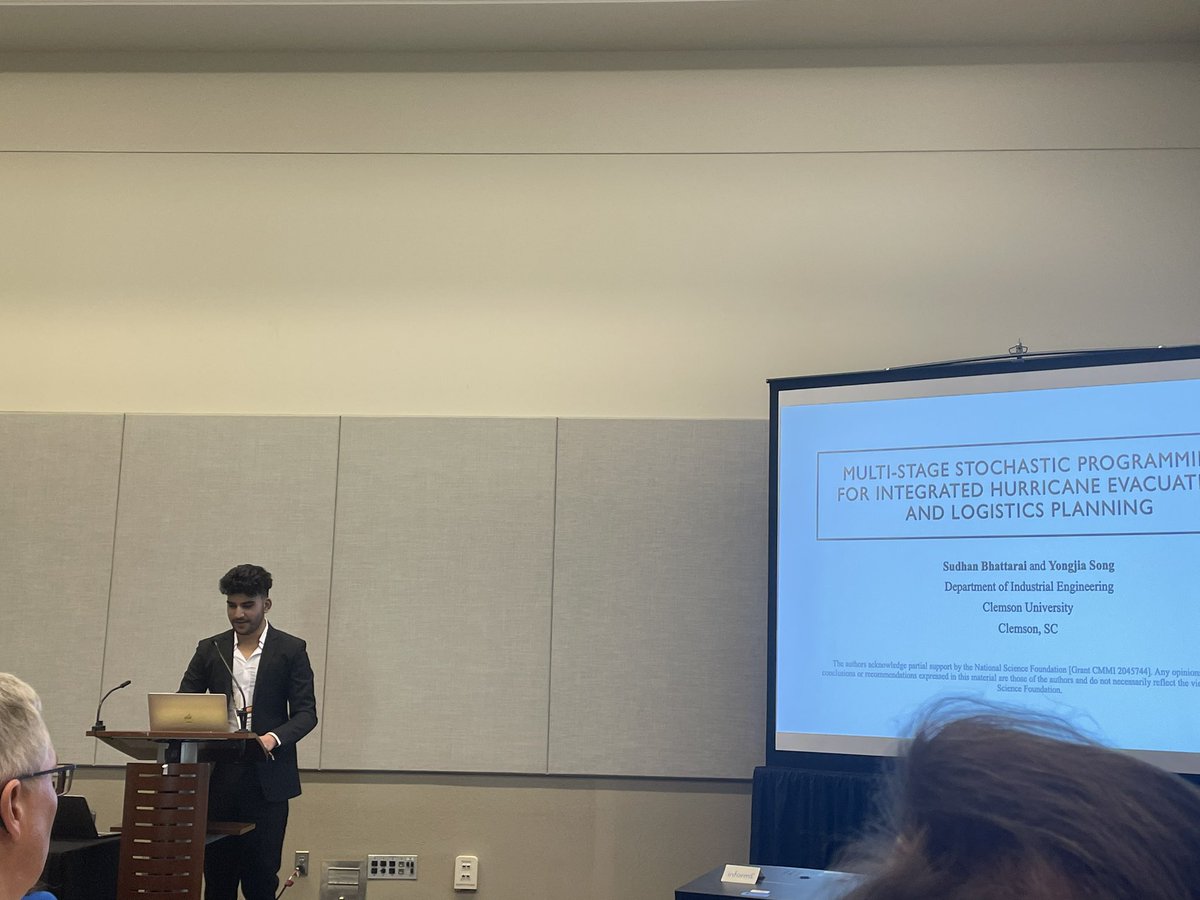 HamedR_HR's tweet photo. @sudhan_bh from @ClemsonIE is presenting his work on multistage stochastic program for hurricane evacuation and logistics planning @songmath https://t.co/63YXFUsv8H