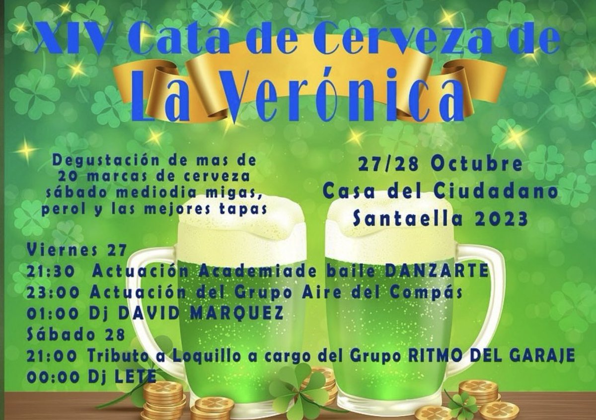 ‼️INFORMACIÓN ‼️

Como cada año llega la tradicional cata de cerveza que organiza nuestra @hdaddelaveronicasantaella.

Estáis todos invitados a degustar las diferentes variedades de cerveza.

🗓️27 y 28 de octubre.

📍Casa del ciudadano.