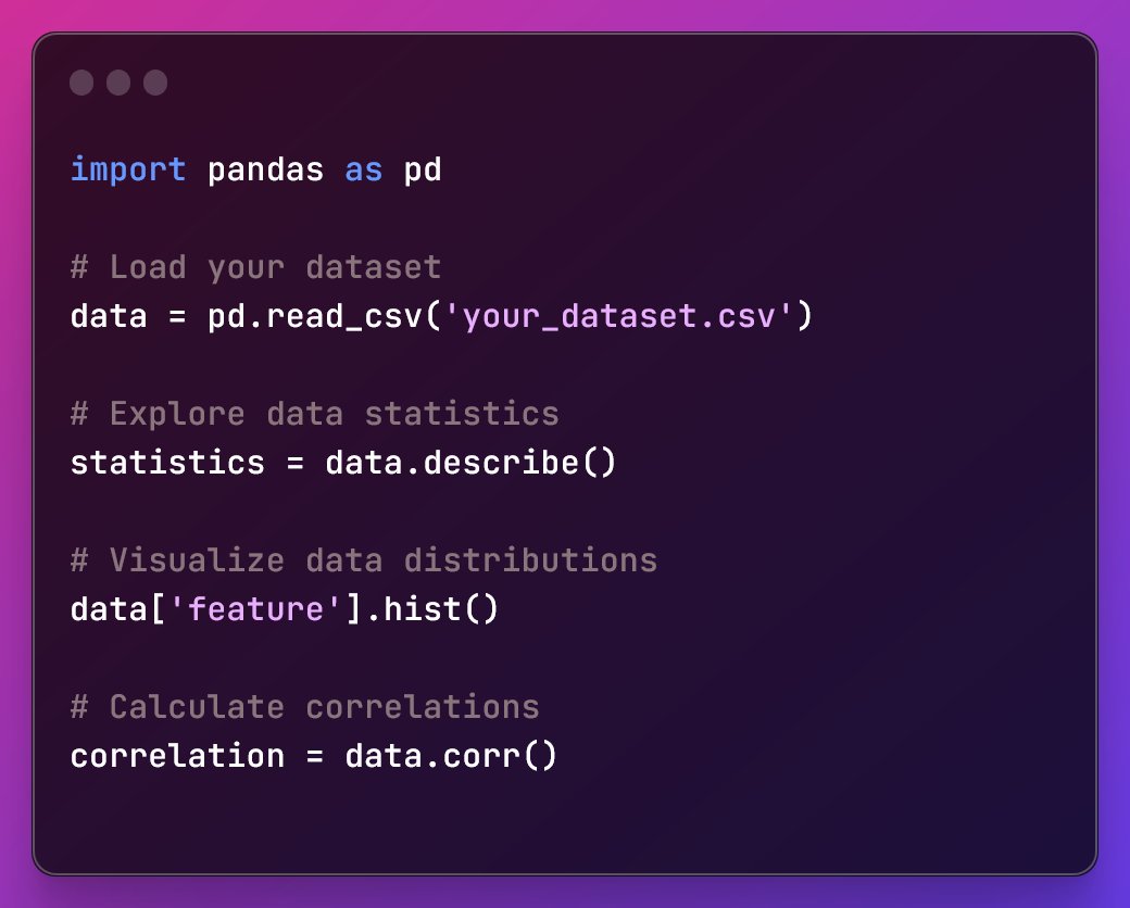 GeekVerma's tweet image. Day 3 - Data Exploration and Cleaning

🔍 Data Exploration: Before cleaning, understand your data. We&apos;ll use Python libraries like Pandas to display statistics, distributions, and correlations. Visualize your data&apos;s story. 📊📉 #DataExploration #AIinPython