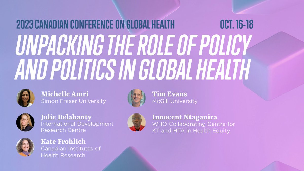 Our closing plenary, starting in just a few minutes, examines the critical role of policy and politics in #globalhealth. Feat. <a href="/michelle_amri/">Michelle Amri</a>, Tim Evans, <a href="/Julie_Delahanty/">Julie Delahanty</a>, <a href="/InnocentNtagan7/">Innocent Ntaganira, MD, MSc, MA</a> and Kate Frohlich. #CCGH2023