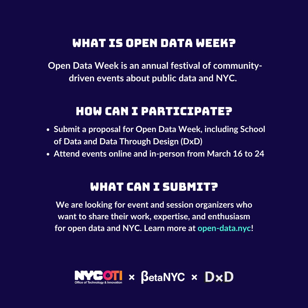 🚨👀 ICYMI 🚨👀 — NYC’s Open Data Week 2024 call for proposals is OPEN! Share your ideas for Open Data Week, including BetaNYC’s School of Data conference and Data Through Design’s exhibition. Learn more at open-data.nyc.