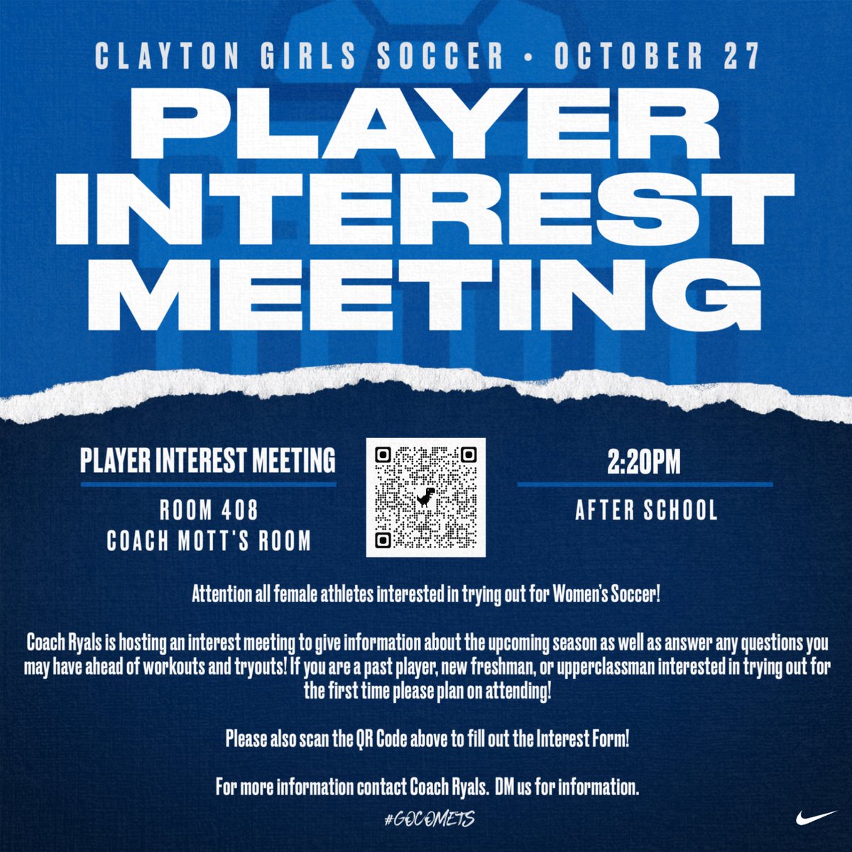 🗣️🗣️🗣️

Calling all women’s <a href="/ClaytonSoccer/">Clayton Comets Soccer</a> players!!!

The coaching staff will be having an interest meeting after school on October 27th for all interested players.  Please see the details below and scan the QR code to fill out the interest form!  See you there!

#GoComets