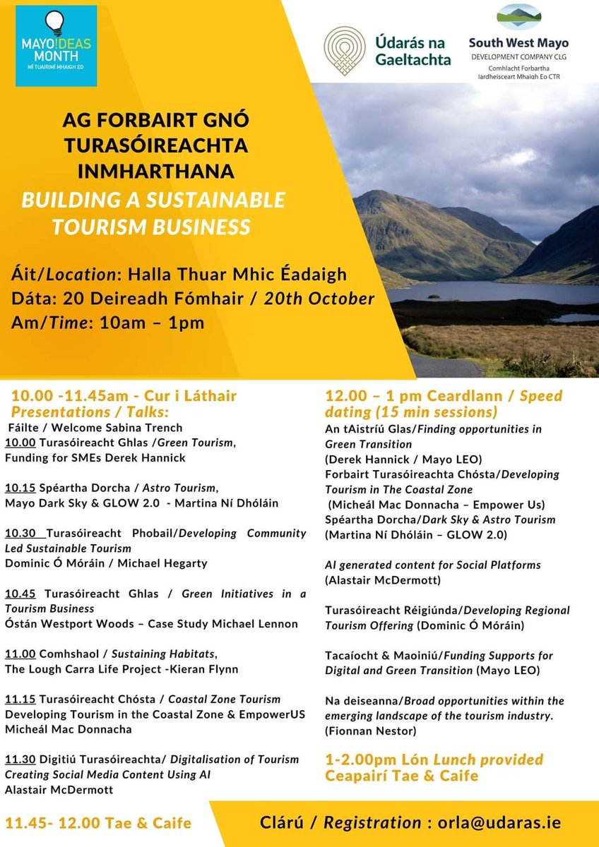 Super <a href="/MayoIdeasWeek/">Mayo Ideas Month</a> event this Friday 20 Oct from 10am-1pm. Presentations, casestudies &amp; speed dating! Sustainable principles for tourism-related businesses &amp; social enterprises. We look forward to seeing you there! <a href="/UdarasnaG/">Údarás na Gaeltachta</a> Email orla@udaras.ie to book your place💚❤️