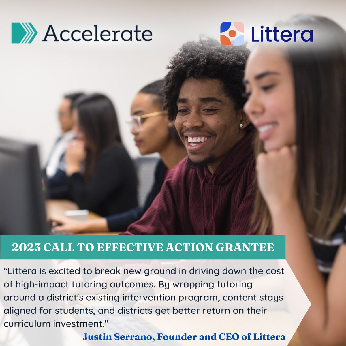 Grantee spotlight! ☀️ Our partners at @LitteraEdu provide virtual tutors to help lower the cost of high-dosage tutoring for school districts across the country. Learn more at litteraeducation.com