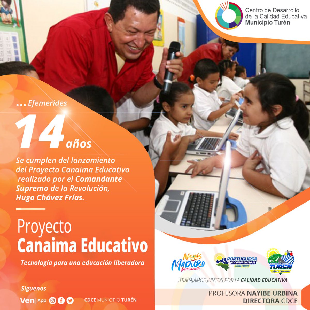 Efemérides... 📆📢

¡Conmemoramos 14 años del Proyecto Canaima Educativo!

Estudiantes con acceso a las Nuevas Tecnologías de la Información (TIC’s) para su aprendizaje, fue una de las premisas del Comandante Hugo Chávez y fue un hecho con el Proyecto Canaima .

#DialogoDePaz