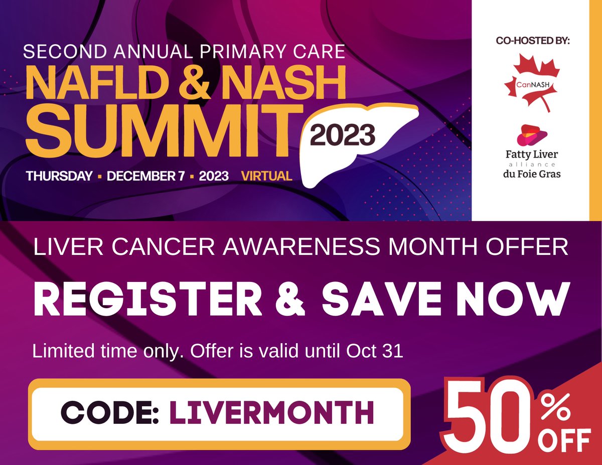 In recognition of #Octoberis4Livers month, and liver cancer prevention, @FattyLiverA is offering 50% off registrations for our Second Annual Primary Care NAFLD & NASH Summit  (virtual) which will be on December 7, 2023.  Register now and save with the promo code “LIVERMONTH”,