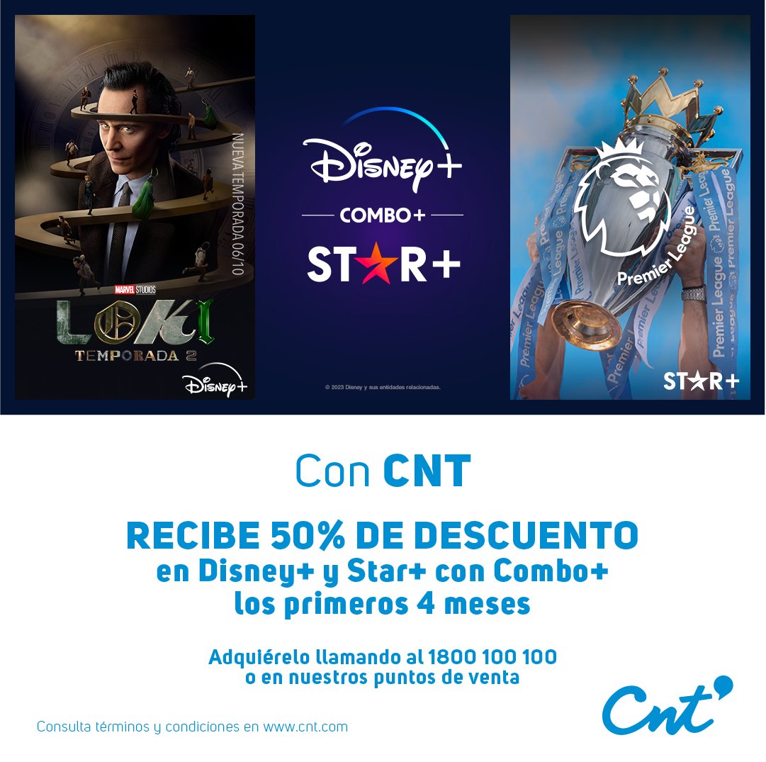 ¡Accede a Disney+ y Star+ a un precio único con CNT! 🍿 👉🏻 Si eres cliente CNT recibe 50% de descuento en Combo+ ¿Qué esperas? Llama ya al 1800 100 100 opc. 3 o *611 opc. 8 📱📞 Aplican términos y condiciones*