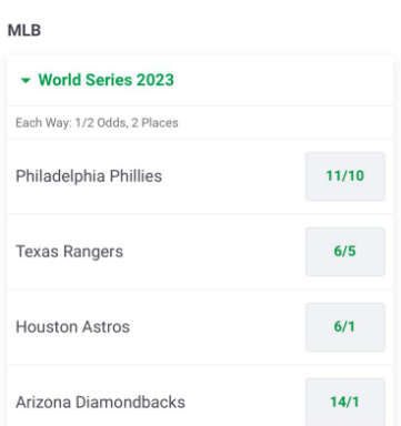SexyPunting's tweet photo. First bet on this account folks. 

Phillies each way 1/2 1-2 @ 11/10 (2.10)
Phillies are 1/10 (1.10) true price to make the World Series (Place) +35% EV
Losing 5% EV on the Win part
Makes this bet 30% EV for the bettor 
Available on Paddypower, Betfair, Livescorebet, 888bet https://t.co/LoJbLtCjal