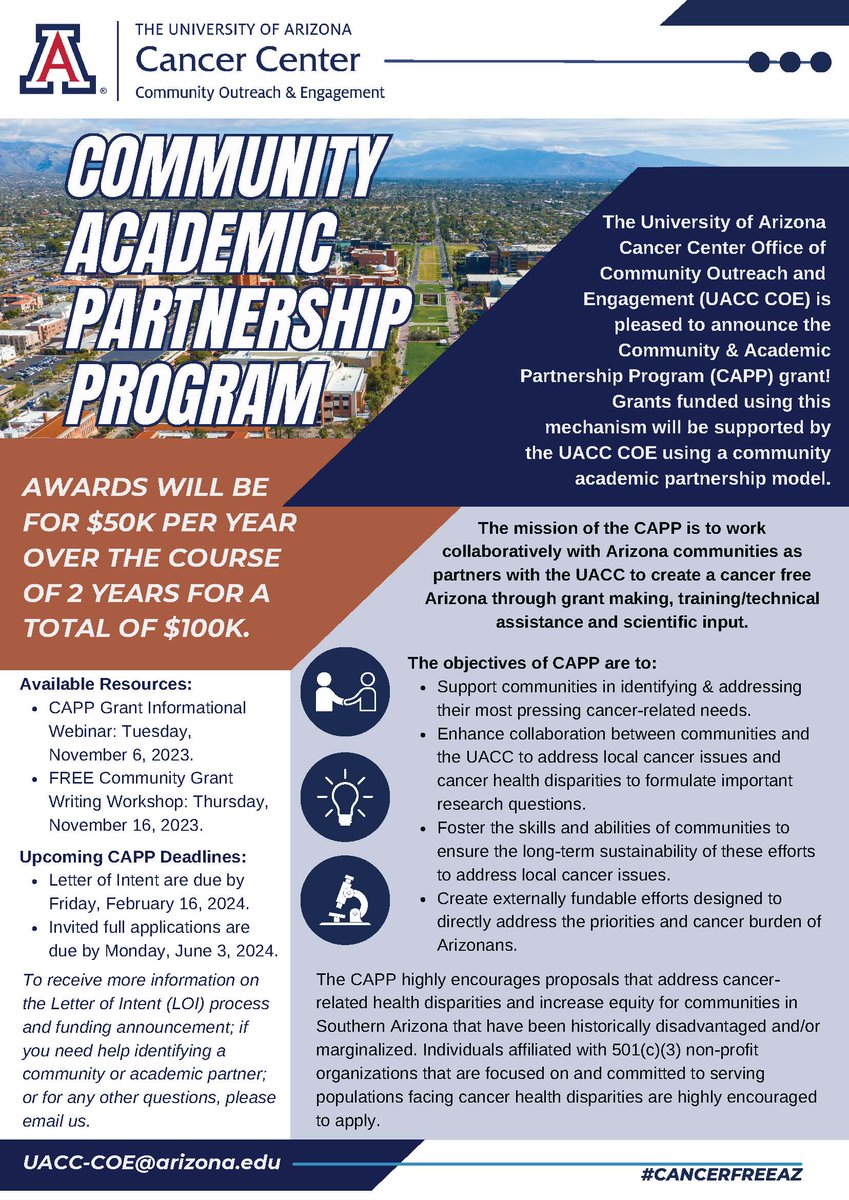 Our CAPP grant is BACK! This grant encourages and supports the development of sustainable collaborations between the academic/scientific communities at the UACC and communities across Arizona. Apply today! Letter of Intent is due by February 16, 2024.