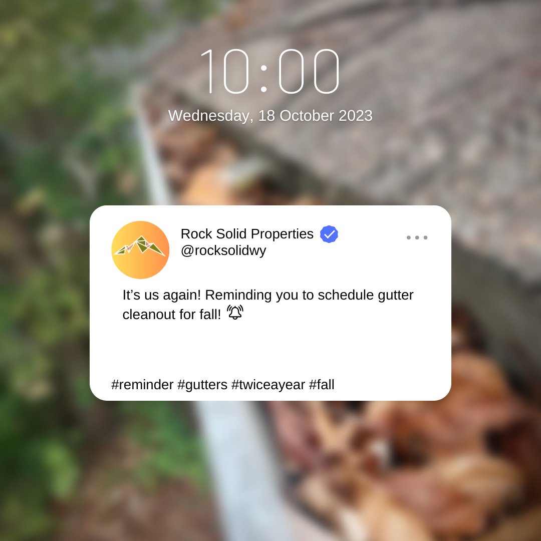 rocksolidwy's tweet image. Monthly reminder from Rock Solid Properties - Time to clean your gutters (again)! #rocksolidtip #monthlyreminder #propertymaintenance #gutters #fall #leaves