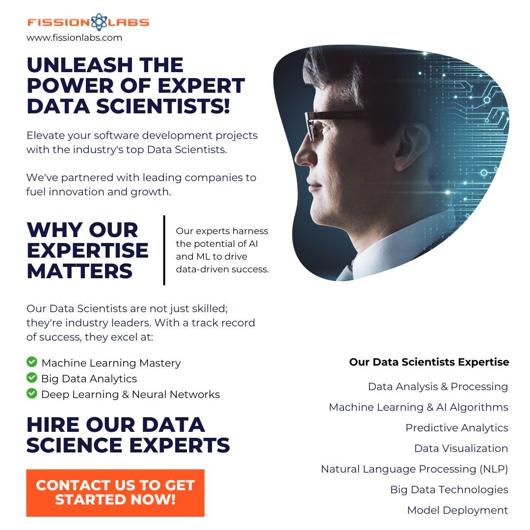 🚀 Looking for top-tier Data Scientists for your software development projects?

🌐 Learn more about our Data Scientist Services: buff.ly/3Q7Wl3r

#datascience #datascientists #machinelearning #artificialintelligence #predictiveanalytics #deeplearning #aiconsulting