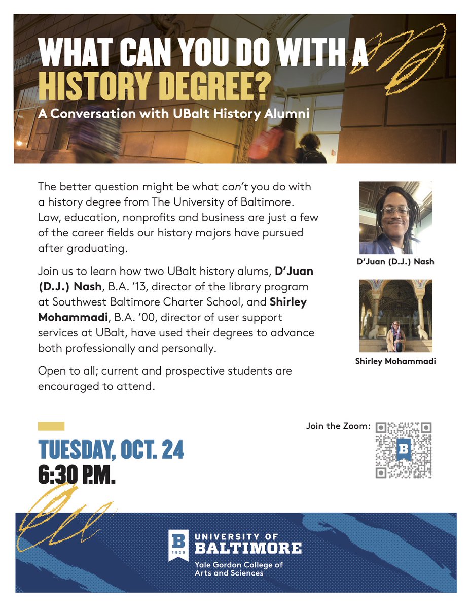 Upcoming Event! 

When: Tuesday, October 24, 6:30-8:00 PM

Where: Join us via Zoom, Join URL: ubalt.zoom.us/j/99930540271