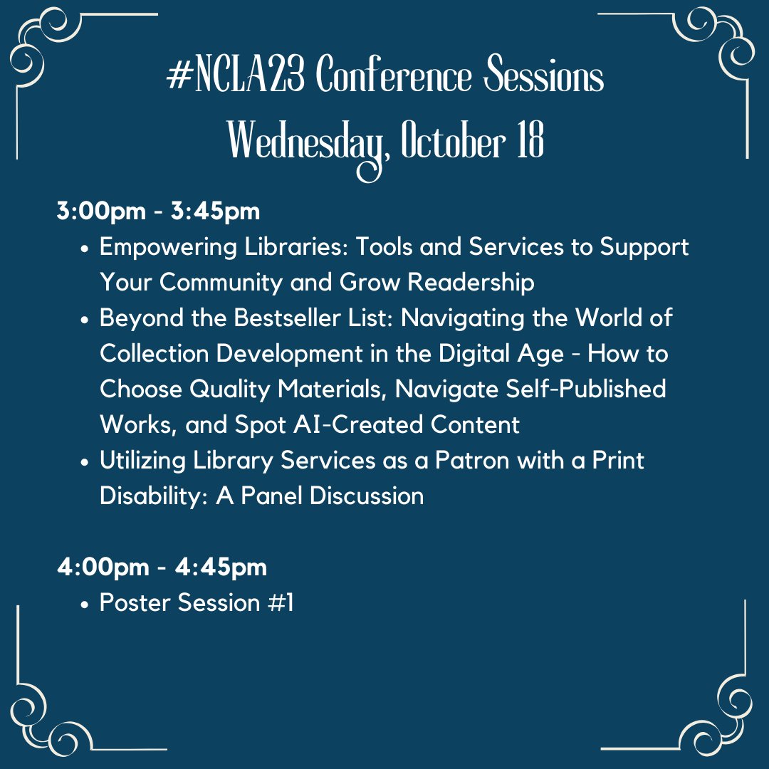 Here are this afternoon's sessions! Check out nclaonline.org/conference/sch… for locations and descriptions #NCLA23