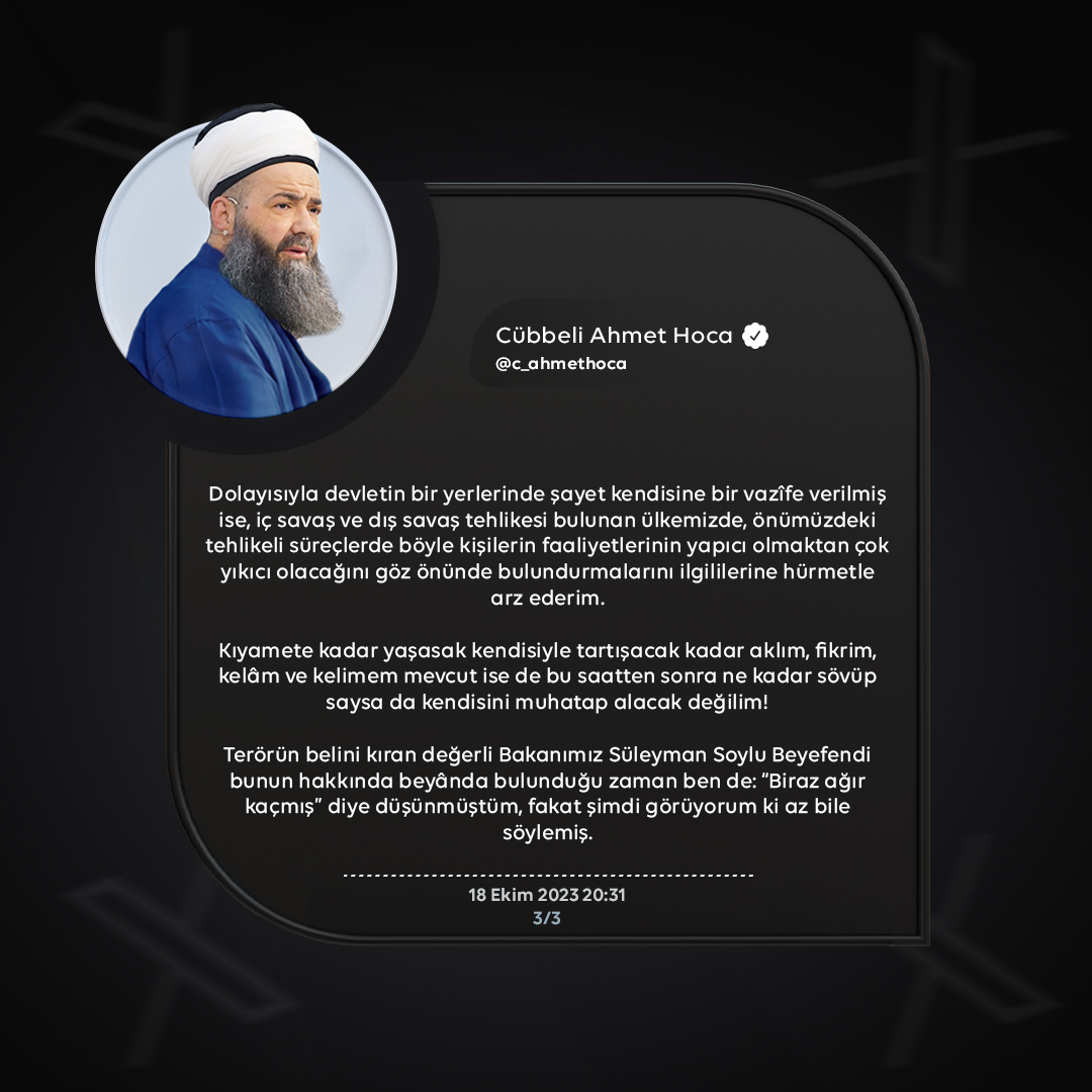 c_ahmethoca's tweet photo. Ümit Özdağ’dan sonunda beklediğim tepkiye nâil oldum. Zaten benim derdim bu kişiden devlet adamı olmayacağını, lider olmayacağını ve sinirine hâkim olamayan, öfkelendiği zaman sövüp sayan, ağızı bozuk biri olduğunu meydana çıkartmaktı, hamdolsun bu da hâsıl oldu.

Ben Fadıl meselesine en az 5 kere, kefen meselesine 55 kere cevap verdim, kamuoyu da bunlardan tatmin oldu. Böyle işler yapan biri olsaydım şu anda milyonlarca takipçim herhâlde olmazdı, bu kadar insan da herhâlde salak değil.

Bu yaşıma kadar en az 45 bin sayfa kitap ve makale yazmış biri olduğum halde -sakın M. Karataş gibi sıfırları karıştırdığımı sanmayın- böyle bir imlâ hatâsı yapmamışken yazdığı 4 satırlık tweette “ortalama” yazacak yerde “ortama” yazacak kadar dikkatsiz bir akademisyenle karşı karşıyayız ki bu da okuyucularına karşı ciddi ve titiz olmadığını göstermektedir.

Eski Başbakanlarımızdan Ahmet Davutoğlu’nun Mossad’la ilişkisi olduğunu iddia ettiği bir adamın Filistin ve Gazze sorunu hakkında Yahûdî’yi cerh eden ve mazlum Müslümanları destekleyen bir beyânının olması zaten beklenemezdi. Lakin biz kendisini iddia ettiği gibi devletçi, milliyetçi ve Türkiye’nin bekâ sorunuyla ilgili görüşleri olan bir adam zannediyorduk onda da yanıldığımız ortaya çıktı.

PKK terörü konusunda konuştuğumuzda bizimle birlikte olan, Selefî-Vahhâbî konusunda bizim konuşmalarımızı delil sayan ama Yahûdî tehlikesi dediğimizde sessiz kalan bir insan ya gâfildir ya da ….. -bu kısmı isteyen münasip bir lafızla doldurabilir.-

Rahmetli Başbuğ Türkeş, Mahmûd Efendi Hazretleri’ne son derece değer verdiği halde bir dönem onun hareketinde bulunan bu şahsın bütün dünya Müslümanlarının ittifakla kabul ettiği bir zâtı Fatih Nurullah gibi sapık adamlarla aynı videoya koyup halkın dînî liderlerine hakâret etmesi bu kişinin Türkiye’nin bölünmemesi konusunda en önemli husus olan; toplumun değer verdiği insanlarla barışık olma konusunda da ne kadar yıkıcı adımlar attığını göstermektedir.

Dolayısıyla devletin bir yerlerinde şayet kendisine bir vazîfe verilmiş ise, iç savaş ve dış savaş tehlikesi bulunan ülkemizde, önümüzdeki tehlikeli süreçlerde böyle kişilerin faaliyetlerinin yapıcı olmaktan çok yıkıcı olacağını göz önünde bulundurmalarını ilgililerine hürmetle arz ederim.

Kıyamete kadar yaşasak kendisiyle tartışacak kadar aklım, fikrim, kelâm ve kelimem mevcut ise de bu saatten sonra ne kadar sövüp saysa da kendisini muhatap alacak değilim!

Terörün belini kıran değerli Bakanımız Süleyman Soylu Beyefendi bunun hakkında beyânda bulunduğu zaman ben de: “Biraz ağır kaçmış” diye düşünmüştüm, fakat şimdi görüyorum ki az bile söylemiş.