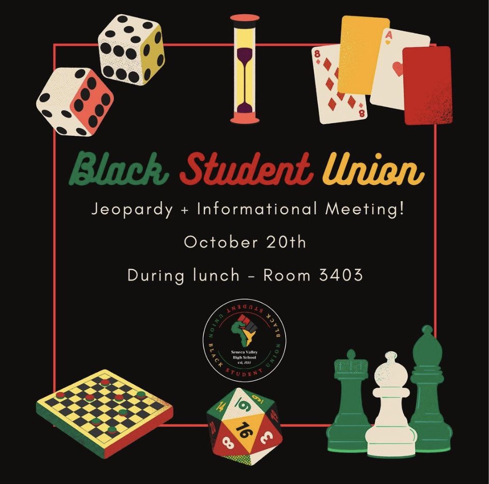 Join the <a href="/SenecaValleyHS/">SVHS Screaming Eagles</a> Black Studrnt Union this Friday! <a href="/SVSECounselors/">SVHS Counseling</a>
