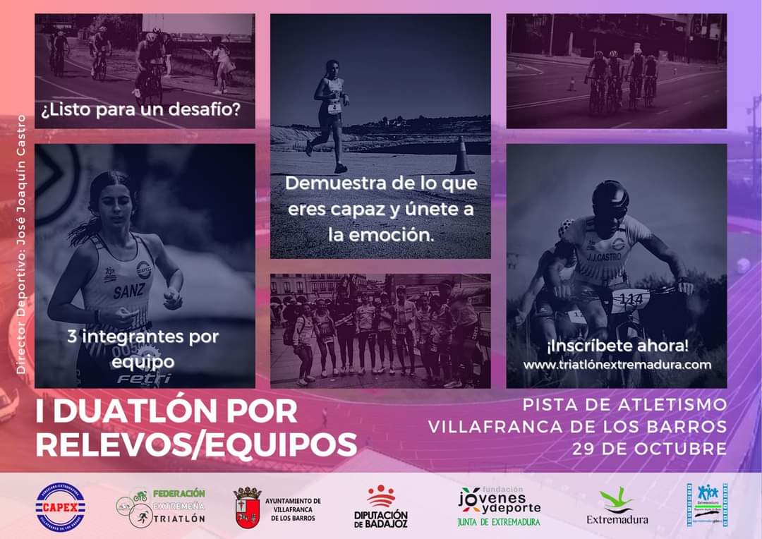 juanfranradio's tweet photo. PRIMER DUATLÓN POR RELEVOS VILLAFRANCA DE LOS BARRIOS. 

El 29 de octubre llegará una prueba muy especial a la región con la celebración del I Duatlón Por Relevos Villafranca de los Barros.

Las inscripciones se pueden formalizar a través de la página web de la @fextri https://t.co/6taA14fG9F