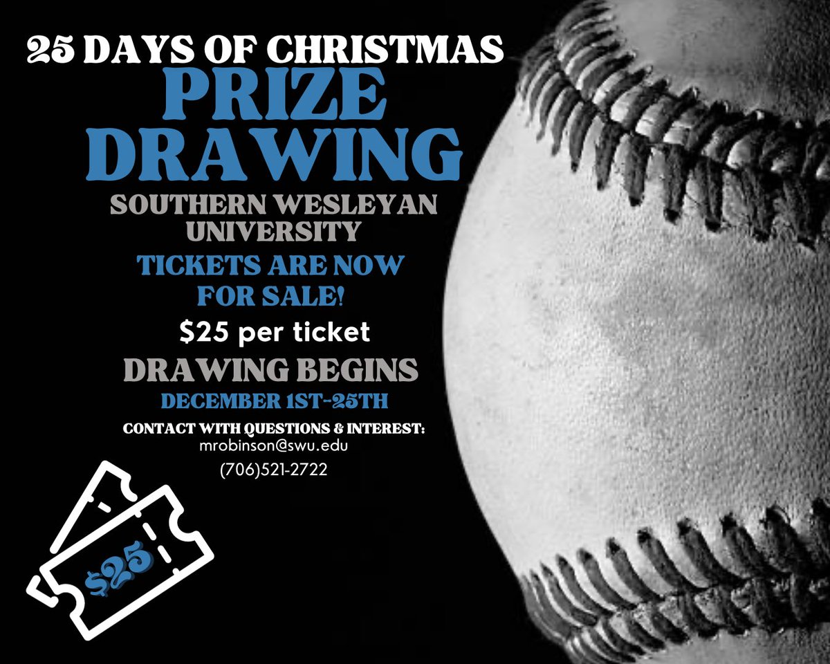 SWUBaseball's tweet image. Help support your Warriors by entering our prize drawing. Tickets are for sale now!! The drawing will begin on December 1st. Contact head baseball coach Matthew Robinson with questions/interest. #25daysofchristmas #prizedrawing #gowarriors
