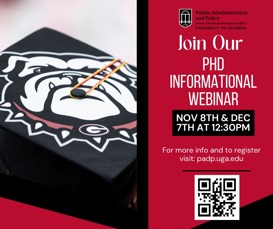 Join us for a webinar about UGA's Doctor of Philosophy (PhD) in Public Administration & Policy 12:30-1:30pm on Nov. 8 or Dec. 7! Hear from faculty, ask questions, lean about the program, and how to apply. Register to receive the link! spia.uga.edu/degree/doctor-… #UGASPIA #gradstudies