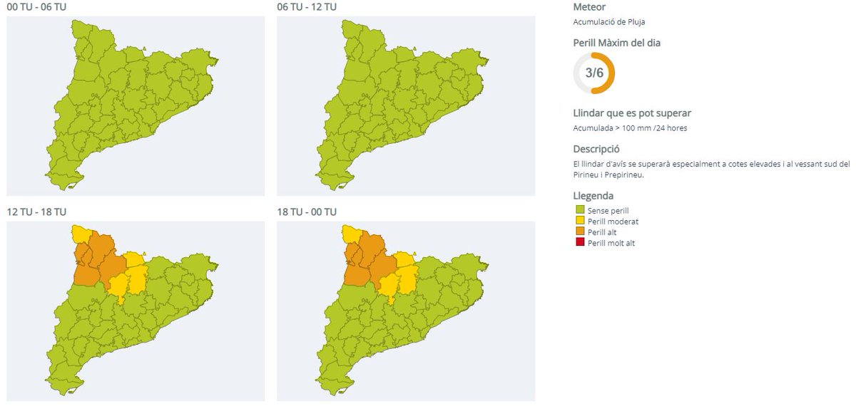 emergenciescat's tweet photo. #Protecciocivil manté en prealerta el pla #INUNCAT per la previsió del @meteocat de pluja ☔ que pot ser intensa sobretot el vespre i matinada de dijous a divendres i especialment al Pirineu Occidental

✔️ També hi ha avisos per acumulació de més de 100 litres en 24 hores https://t.co/pbizYDtWzJ