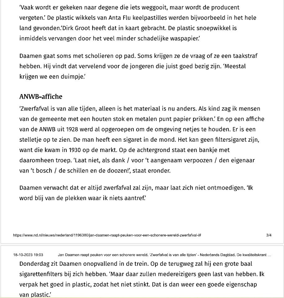CZappoz's tweet photo. Nederlands Dagblad 18 oktober 2023:
“Jan Daamen raapt peuken voor een schonere wereld.”
https://t.co/47joUdzE4l
Hieronder vind je het artikel in schermafdrukken.
#plasticpeukmeuk
#nocigarettefilterplease
#nofilterplease
#plasticbuttsmut https://t.co/vNmuyFpAGM