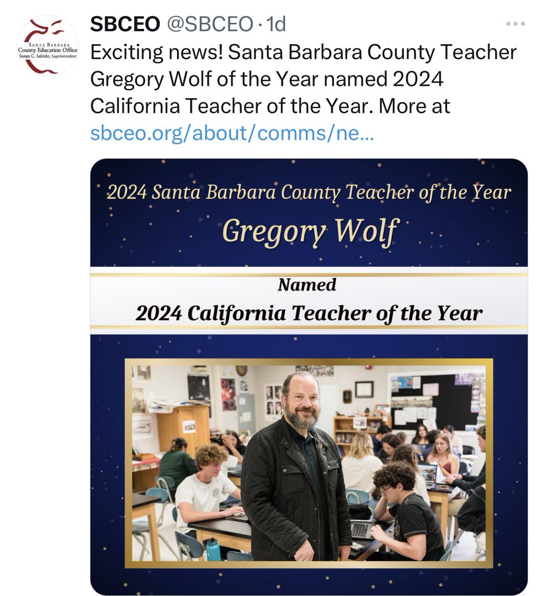 Congratulations to Gevirtz Teacher Education Program alumnus Greg Wolf (M.Ed., SST, '13), who teaches at Santa Ynez Valley Union High School, for his 2024 California Teacher of the Year award-earning the highest state recognition a teacher can receive! @SBCEO