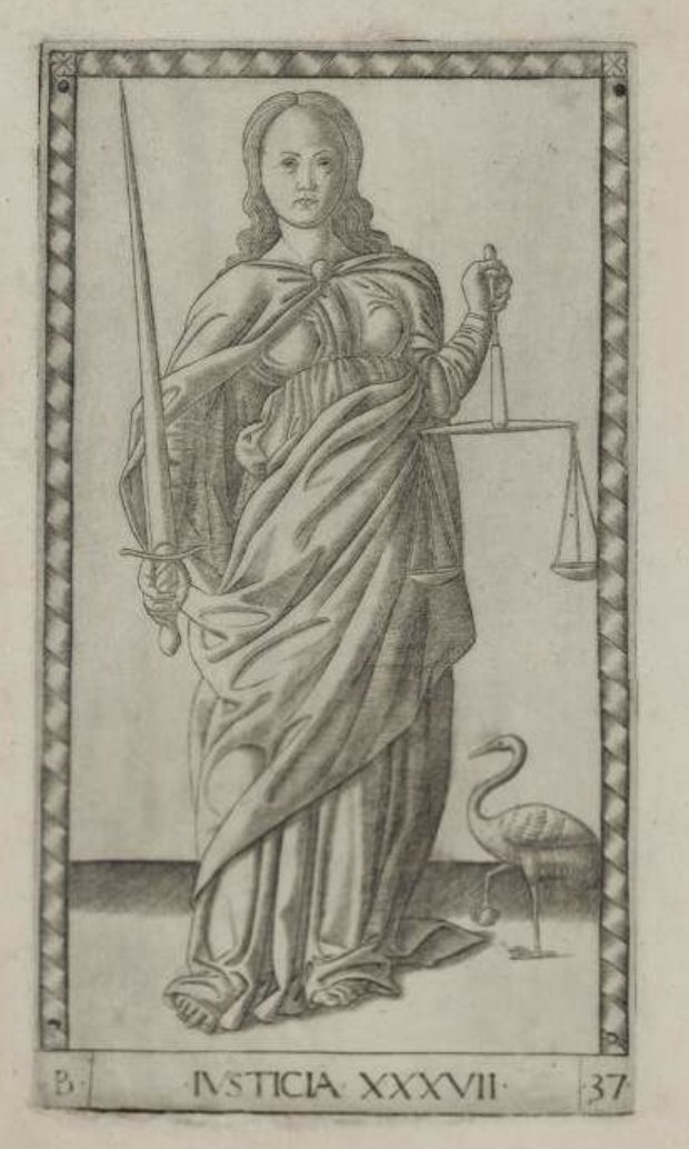 MrsSymbols's tweet photo. A playing card, c.1465, depicts Justice with scales (symbolising impartiality) and a sword (denoting punishment); the crane grasps a stone in its claw and represents vigilance because if it were to fall asleep, it would drop the stone and awake instantly. https://t.co/2Ct58uXwxD https://t.co/yTICAEn23t