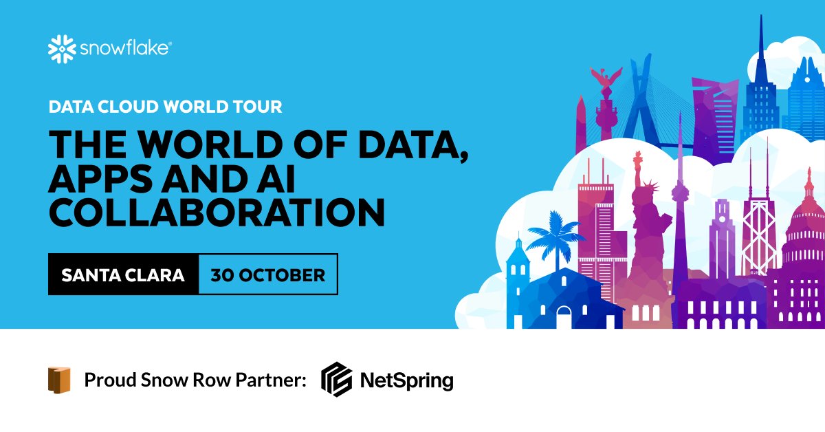 Snowflake #DataCloudWorldTour Santa Clara is less than 2 weeks away! Come by the NetSpring booth to see our connected app for product analytics, then join us for a NetSpringarita during Happy Hour. Registration is free! snowflake.com/events/data-cl…