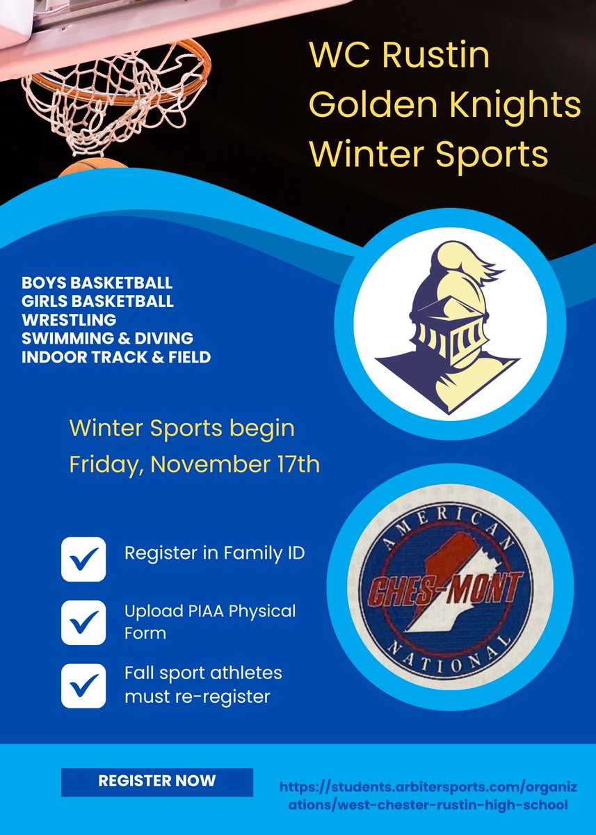Rustin Winter Sports begin Friday, November 17th! Check out the winter sports newsletter for more information and registration- GO KNIGHTS‼️ smore.com/w3yu0