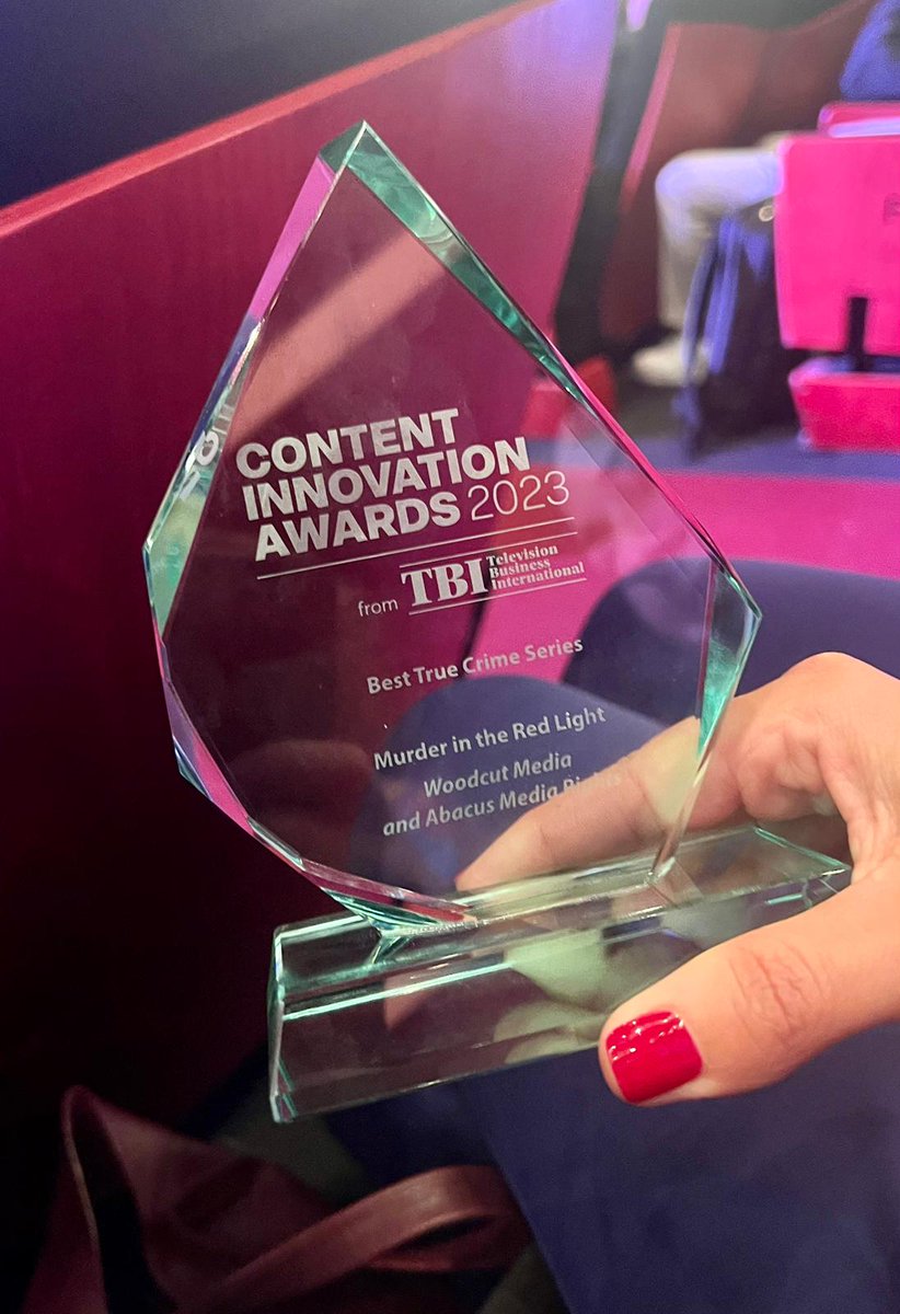 Tonight Woodcut Media and Abacus Media Rights are truly celebrating at MIPCOM! Our series Murder in the Red Light won a @TBImagazine Content Innovation Award in the category of Best True Crime Series.#truecrime #crime #tvcrime #tvdocumentaries #documentaries