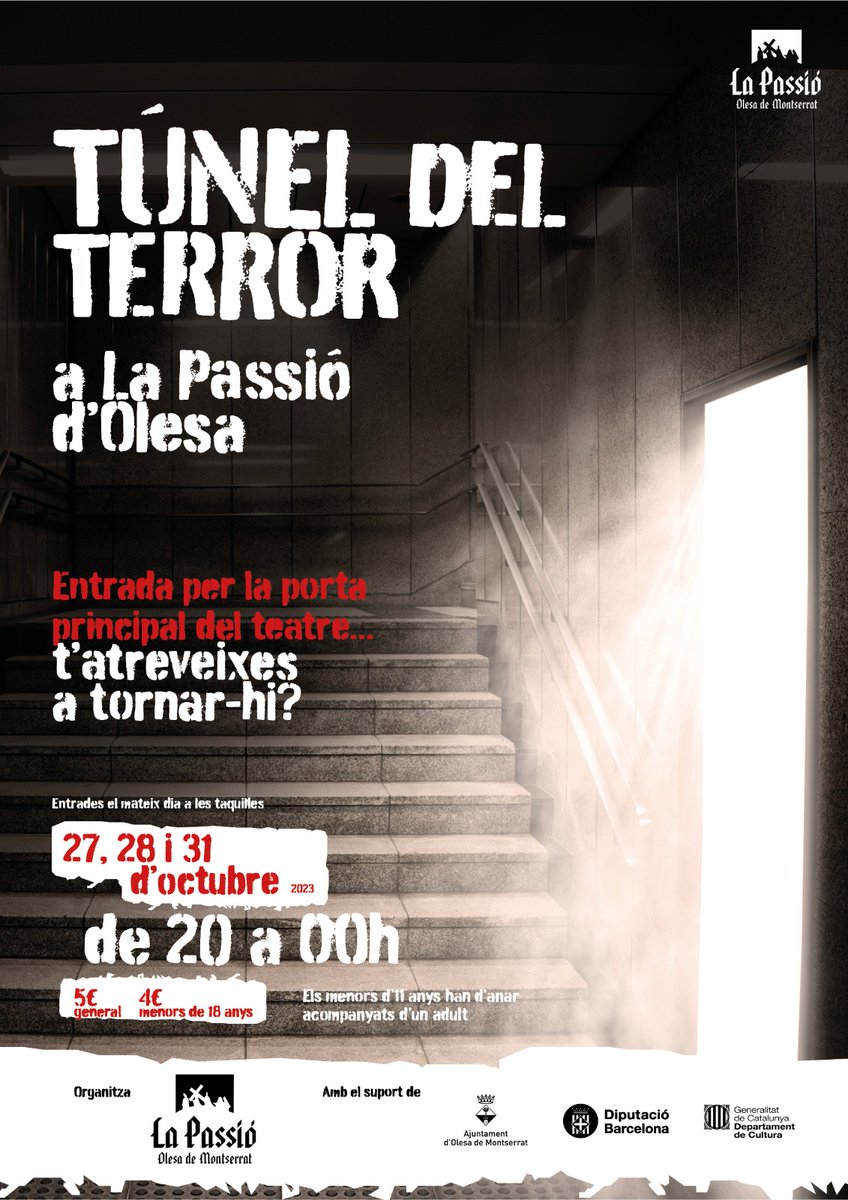 lapassio's tweet photo. 🦇Encara dubtes de si venir? Atreveix-te a entrar a #lapassiodOlesa quan s'acosta #Halloween ... 🧟‍♀️ Un #túneldelterror més llarg, més sorpreses, més dies: 🧟‍♂️ 27, 28 i 31 d'octubre de 20 a 00h per l'entrada principal del teatre. 🎫 A taquilla. https://t.co/0lddjPFeA1