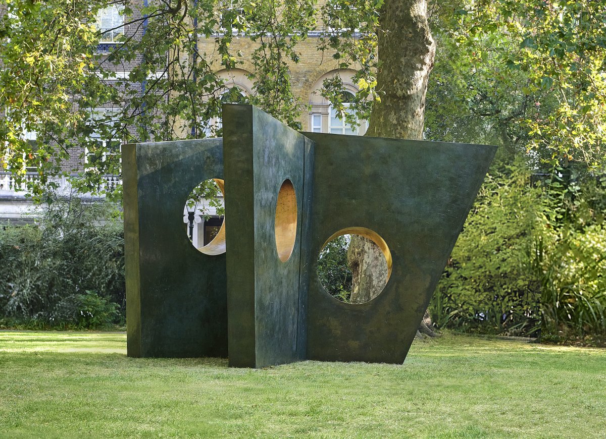 #AuctionUpdate Dame #BarbaraHepworth's 'Three Obliques (Walk In)' realised £5,830,000. Consisting of bold, simple, geometric forms cast in bronze and punctuated with circular apertures, in a way that calls to mind the passage of the sun or the moon across the sky or horizon.