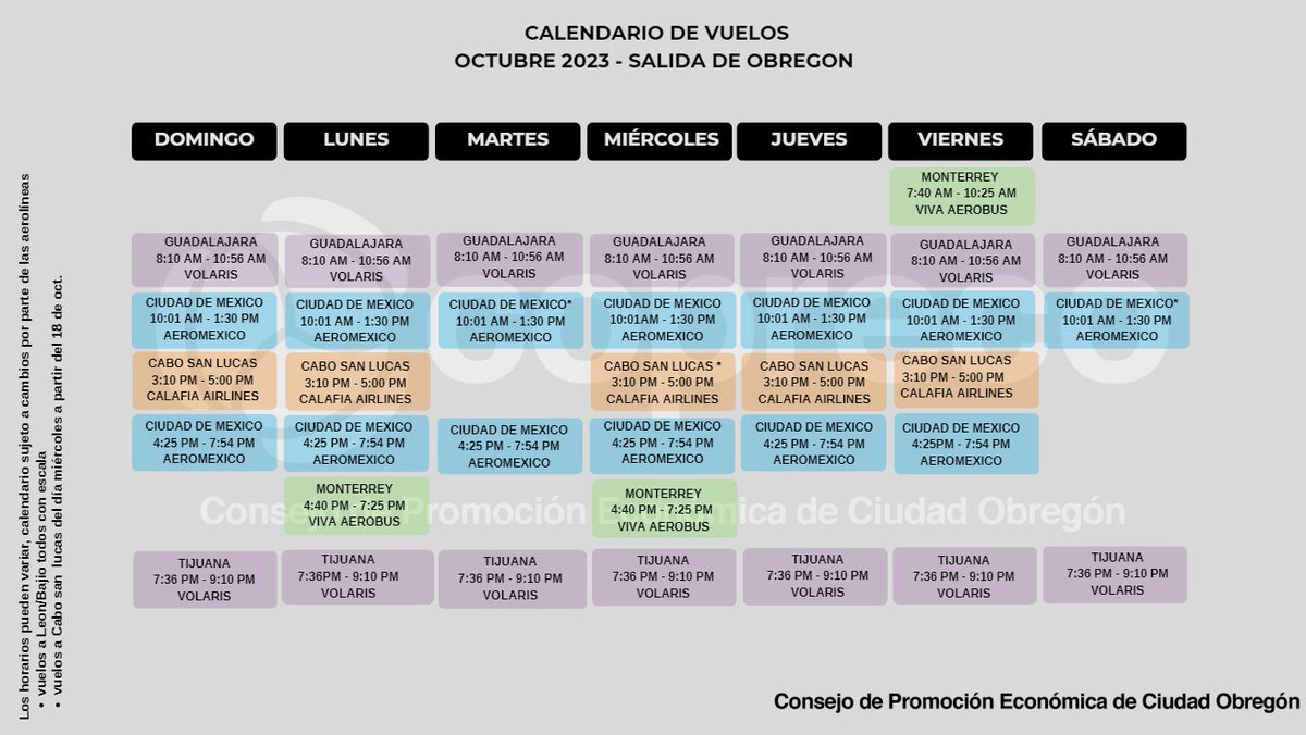 OCTUBRE 🍂🍁
Consulta nuestro calendario de vuelos con salida desde #Aeropuerto #Internacional de #CiudadObregón. Puedes comprar tus boletos y consultar horarios en las páginas de las aerolíneas <a href="/viajaVolaris/">Volaris</a> <a href="/VivaAerobus/">Viva</a> <a href="/Aeromexico/">Aeroméxico</a> <a href="/calafiaairlines/">Calafia Airlines</a> 

#Viajes #Turismo #Vuelos