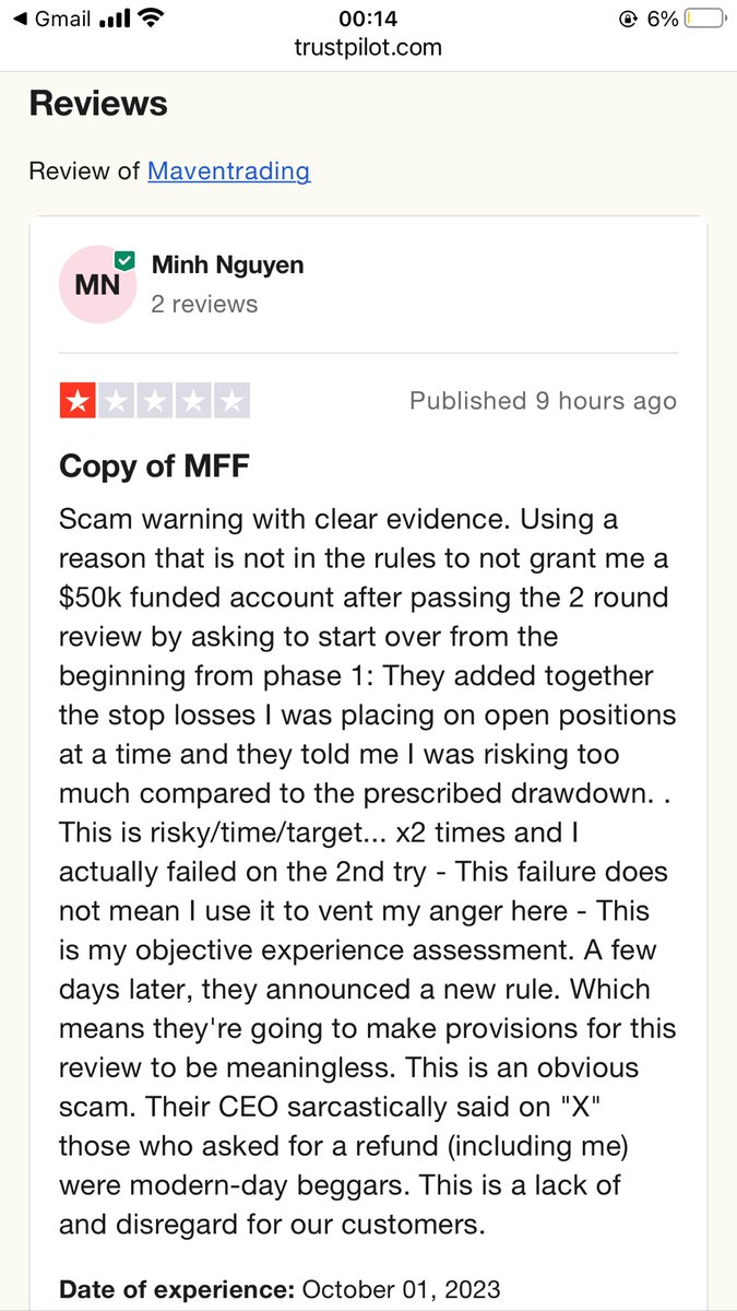 m98261661's tweet photo. Maven- SCAM. They intentionally do not give traders large funded accounts and put them at a higher risk of failure - Except for affiliate marketers/people with reputation on social networking platforms. I don't do community work, green ticks seem unnecessary. Be careful. https://t.co/nGkhJBB7M7