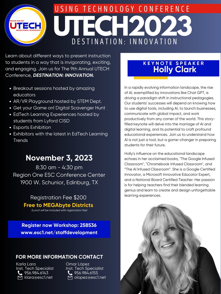 🤖 Keep up with the rise of AI and technology in education! Register for our upcoming Using Technology (UTECH) Conference at ow.ly/m8Uv50PXSB1.

🤝 Do you want to attend the UTECH Conference for FREE?  Sign up as a Conference Facilitator at ow.ly/fRAS50PXSAX. #UTECH23