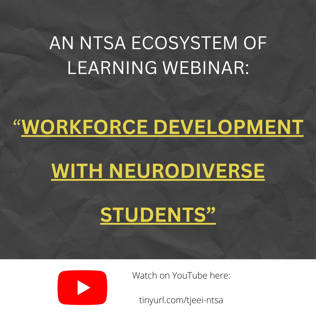 Join NTSA for a webinar on how to best differentiate and help best prepare neurodiverse learners for the workforce after school. 

#Orlando #UCF-#Education #Student #College #Webinar #YouTube #Neurodiverse