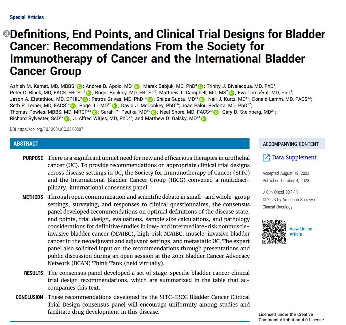 The @sitcancer and @IBCG_BladderCA Expert Panel generated recommendations for effective UC clinical trial designs with the goal of providing standardized criteria to generate comparable and robust data and accelerate the development of new therapies. doi.org/10.1200/jco.23…