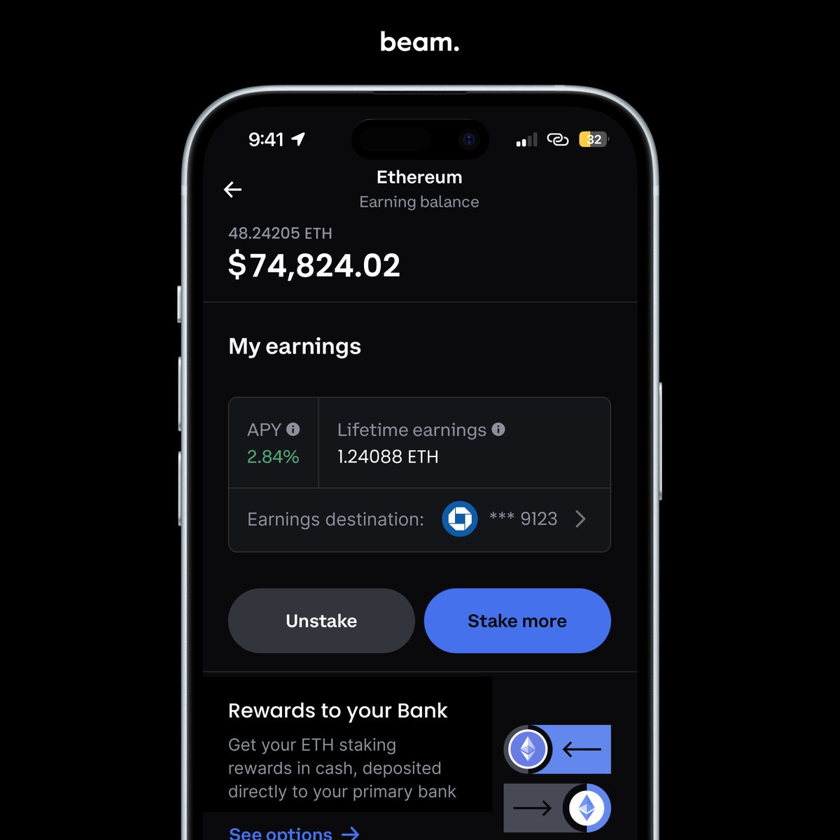 beam_cash's tweet image. Feature idea: auto-cashout @coinbase staking rewards straight to your bank account.

Imagine staking ETH on Coinbase and receiving your staking rewards monthly, as USD, straight to your bank account. No more swapping, no more waiting.