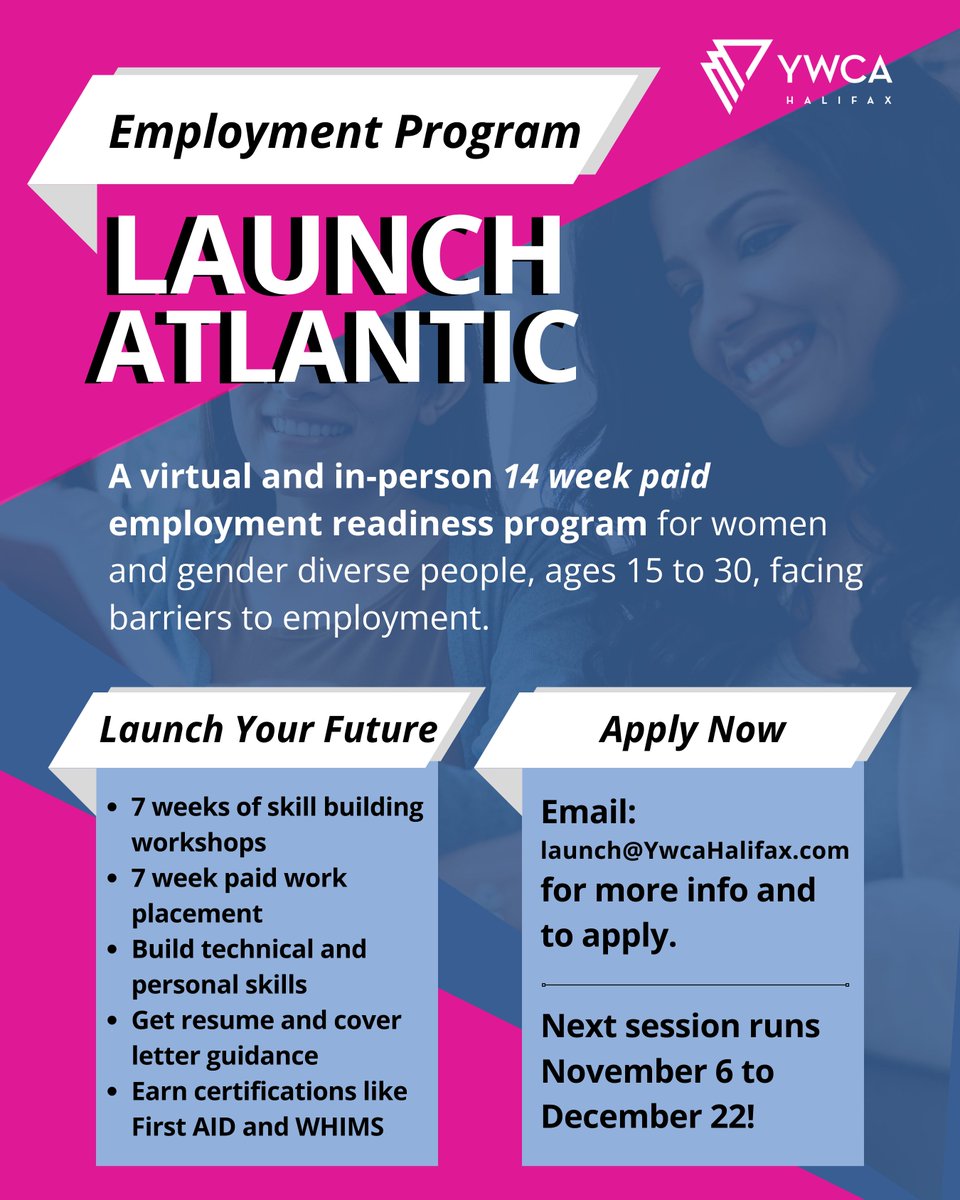 Intake for the Launch employment program is open! Gain work skills over 7 weeks through online and in-person workshops followed by a 7 week work placement. Both stages of Launch are paid! Contact launch@ywcahalifax.com to apply and learn more✉️