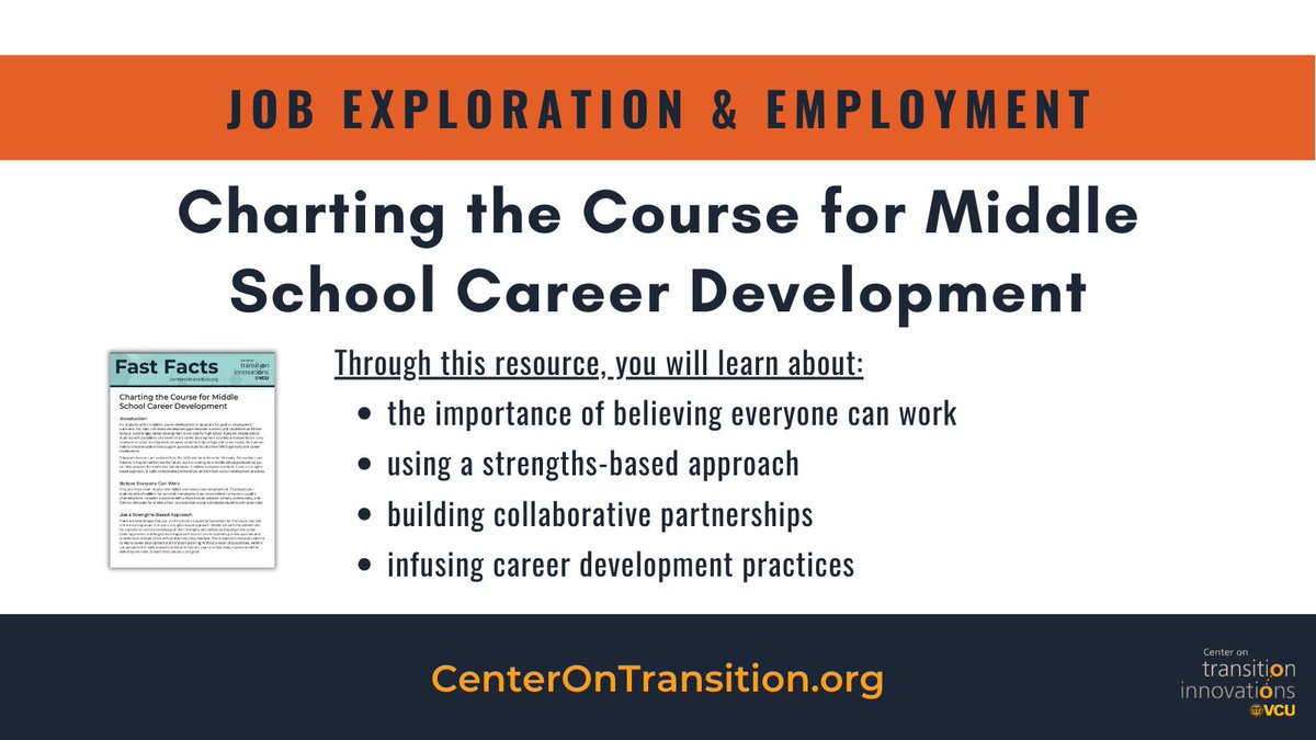 VCU_CTI's tweet photo. Early exposure to career development prepares students to be ready for college &amp; careers. So, how can middle school educators best support positive student outcomes?

Check out this week's resource: Charting the Course for Middle School Career Development 
https://t.co/oan2e40w35 https://t.co/G7q3R4Jigw