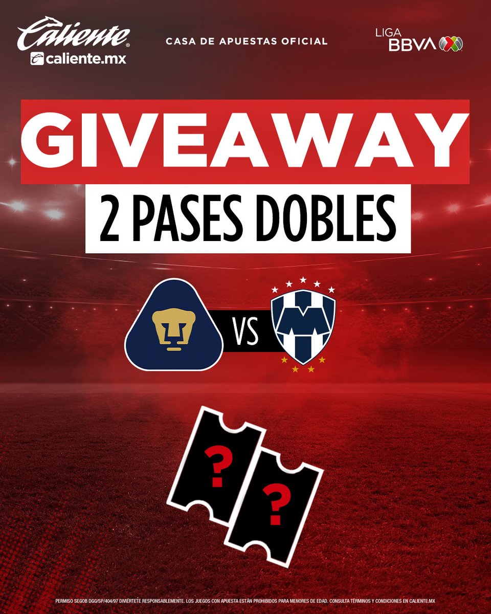calientesports's tweet photo. GIVEAWAY 🏟️🎟️🎟️

¡GANA UN PASE DOOBLE PARA # Pumas 🐾 🆚 #Rayados 🤠!

1️⃣ Dale RT y ❤️
2️⃣ Sigue a @calientesports en TW e IG en este link 📲https://t.co/pEkak4XioH
3️⃣Etiqueta a un amigo, cuéntanos quién va a ganar este encuentro y agrega el hashtag #MásAcciónMásDiversion https://t.co/bK7O01VONR
