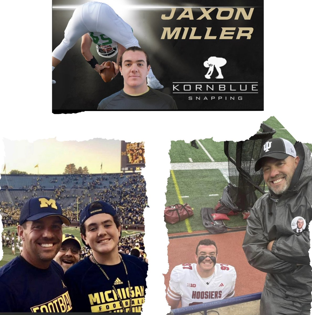 Love seeing dreams turned into reality! 📸 Bottom left: @Jaxon_Miller_54 as a young fan in the Big House. On Saturday, he was on the field as a Hoosier in front of 100,000+ fans. #𝐅𝐀𝐁𝟓𝟎 @CoachAllenIU @KornblueKicking