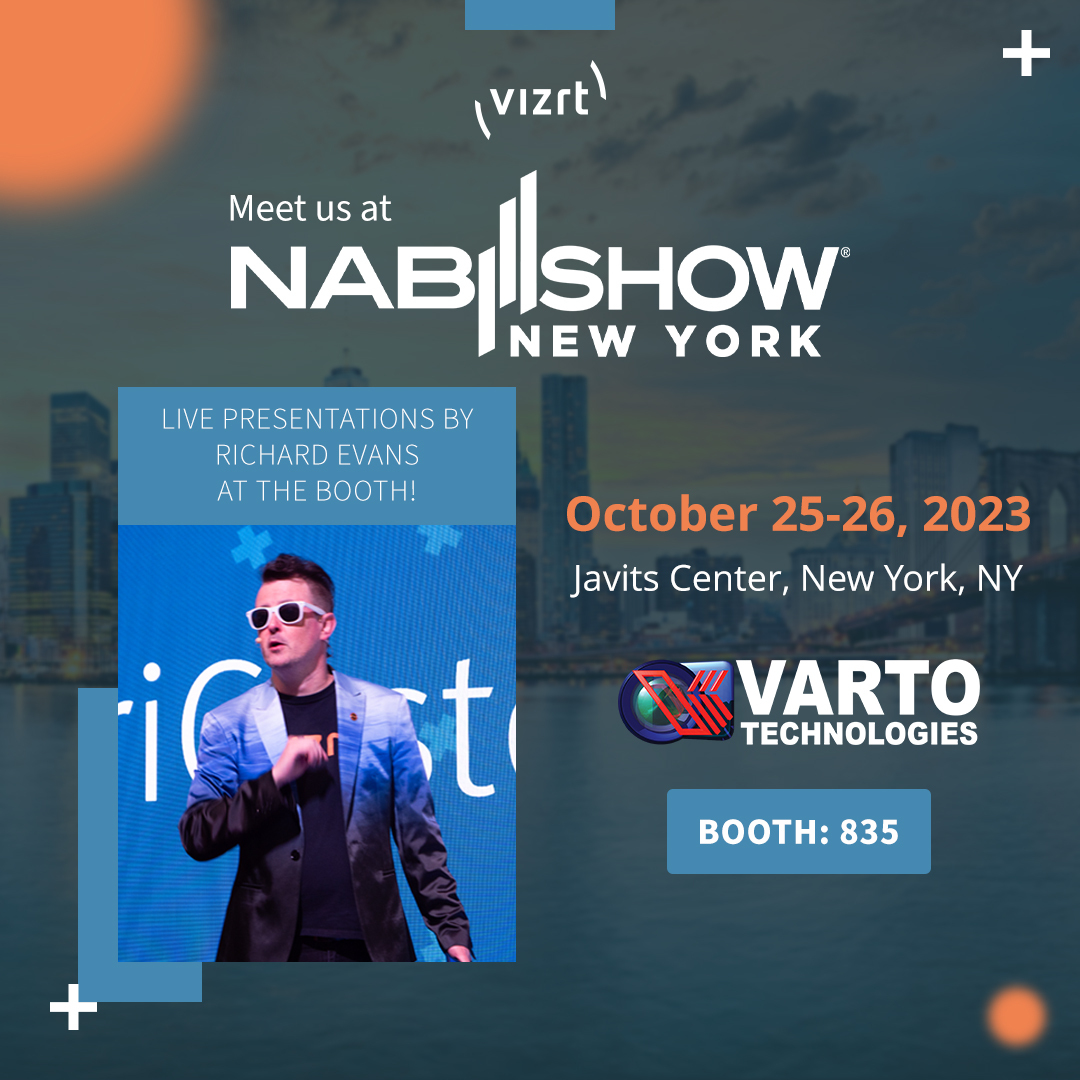 vartotech's tweet photo. 🎙️ Explore broadcasting's future at #NABShowNY  with Varto Technologies &amp; @vizrt! Join Richard Evans at Booth #835, Oct 25-26. Javits Center, NYC awaits! Free Pass with code: NY8348. Link in Bio. See you next week! 📺✨@NABshow https://t.co/taWSfFSnZL