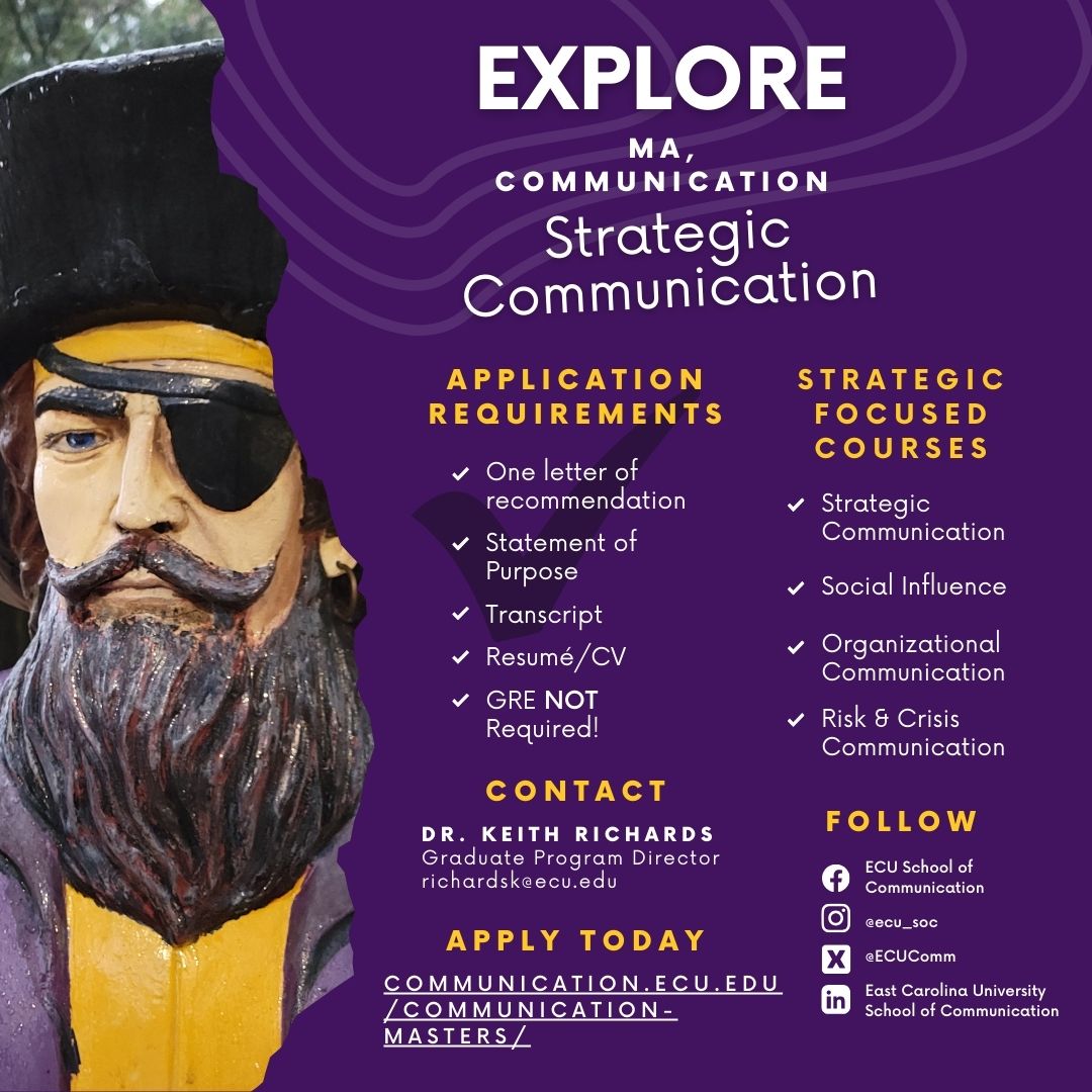 AD: Did you know <a href="/ECUComm/">ECU School of Comm</a> has a graduate program in Strategic Communication? Applications are rolling, but our next priority deadline is Feb. 15 for Summer 2024. Contact Dr. Keith Richards at richardsk@ecu.edu for more info or visit communication.ecu.edu/communication-…… to apply!